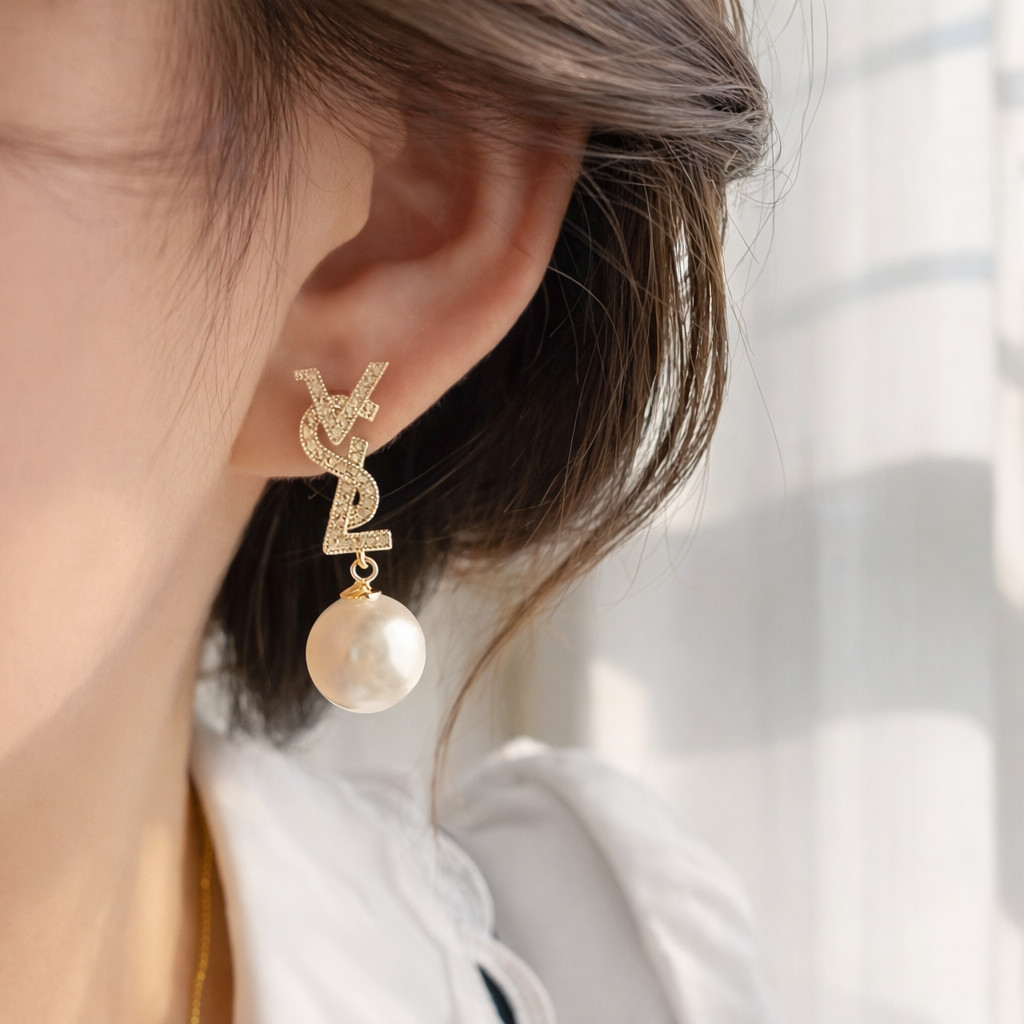 Yves Saint Laurent Earrings Vintage Gold Pearl Rhinestone