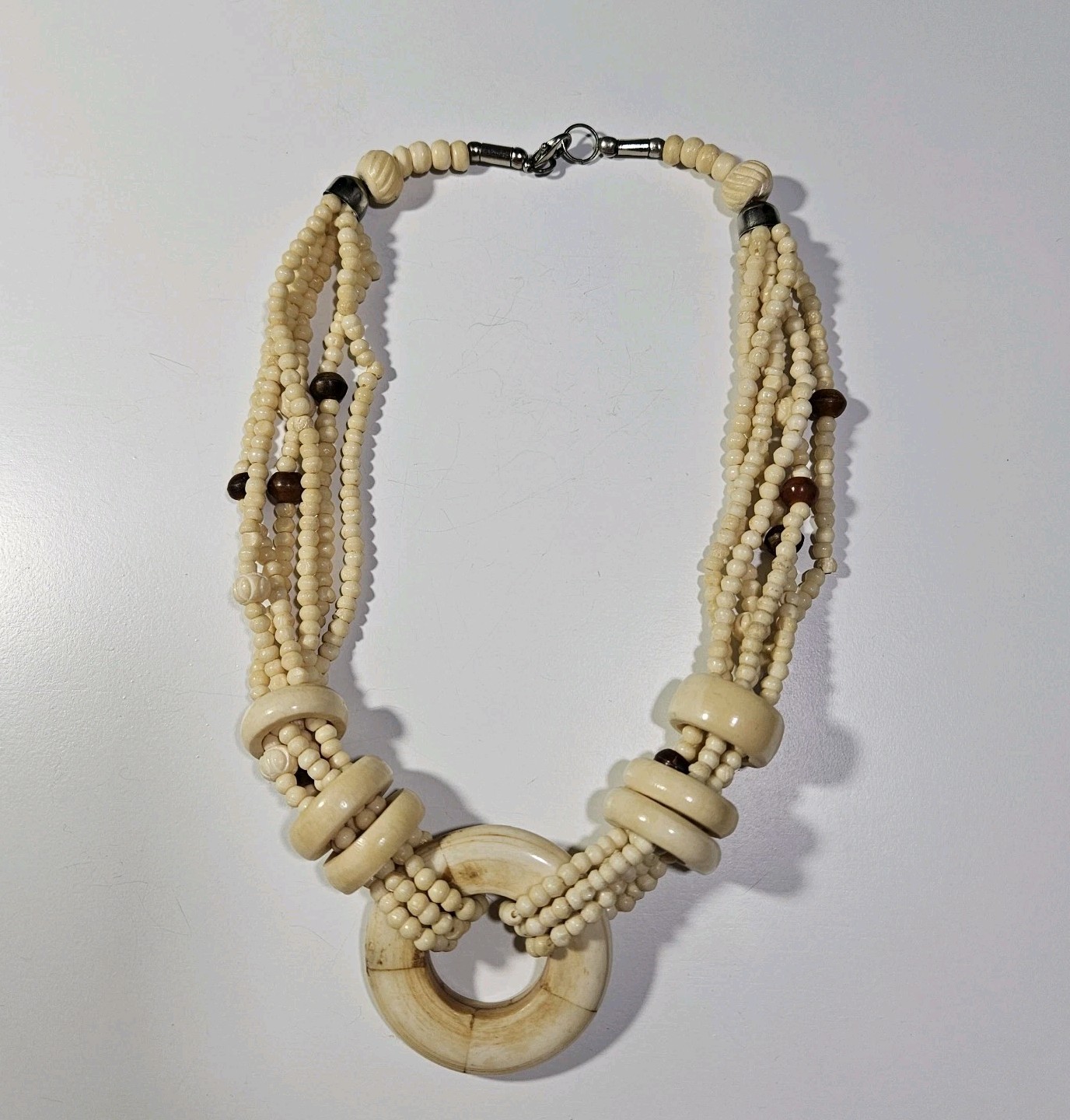 Vintage Hand Carved Bovine Bone Multi Strand Statement Necklace Pendant Boho