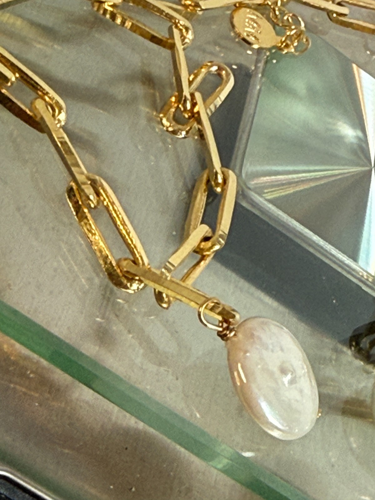 Mayamar (24K Gold Plated) Chunky Link Choker Necklace & Bracelet w/ Pearl Charm