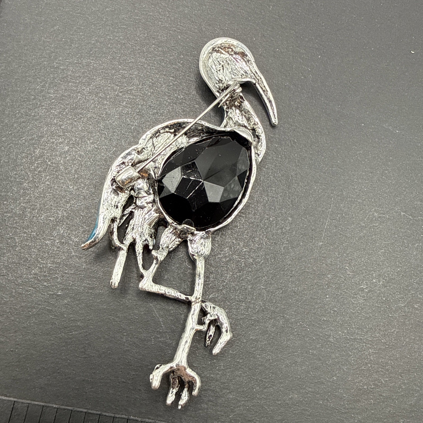 HUGE Heron Bird Brooch Pin Black Rhinestone Colorful Enamel J26