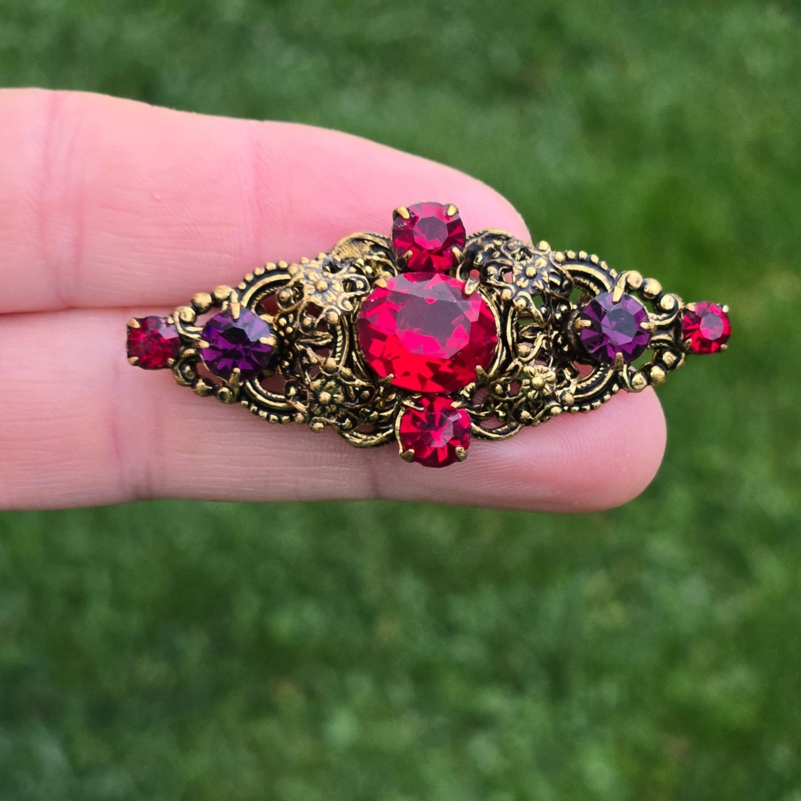 Antique Brooch Czech Glass Brass Filigree Pin Ruby Red Purple Czechoslovakia