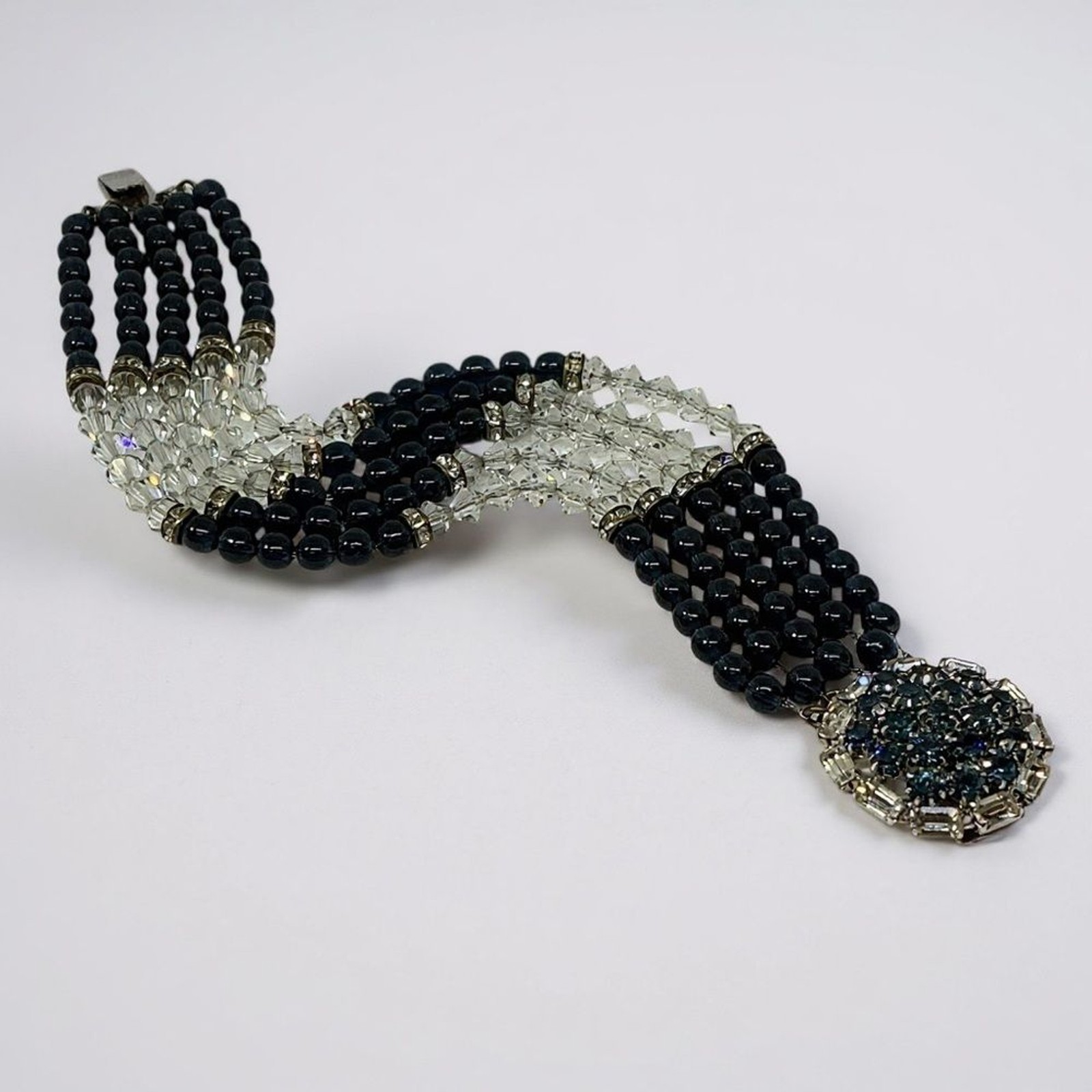 Vintage HOBÉ Multi Strand Bracelet Sapphire Blue & Crystal Bead Rhinestone Clasp
