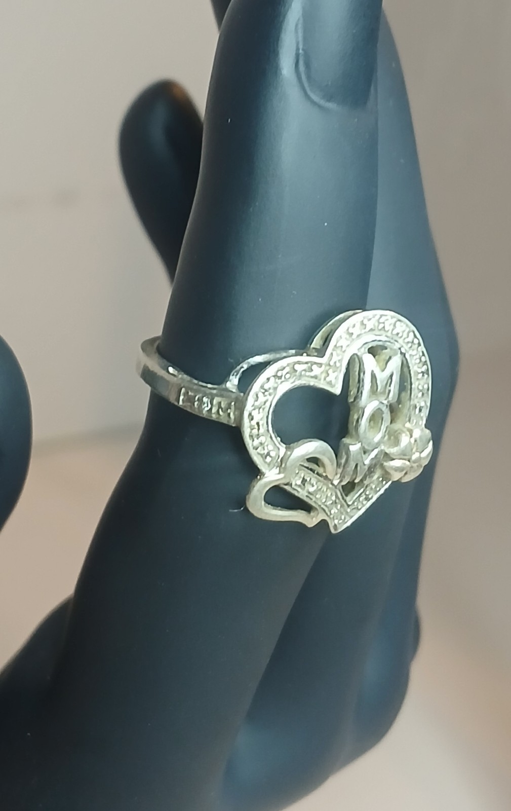 925 Sterling Silver Vintage Two Tone MOM Floral Love Heart Ring Sz 6.5