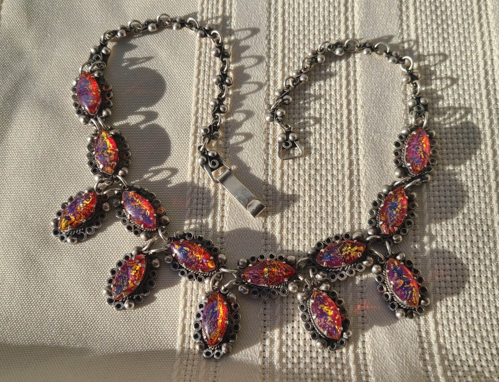 Vintage Sterling Silver Dragon’s Breath & Gold Foil Glass Jelly Opal Necklace