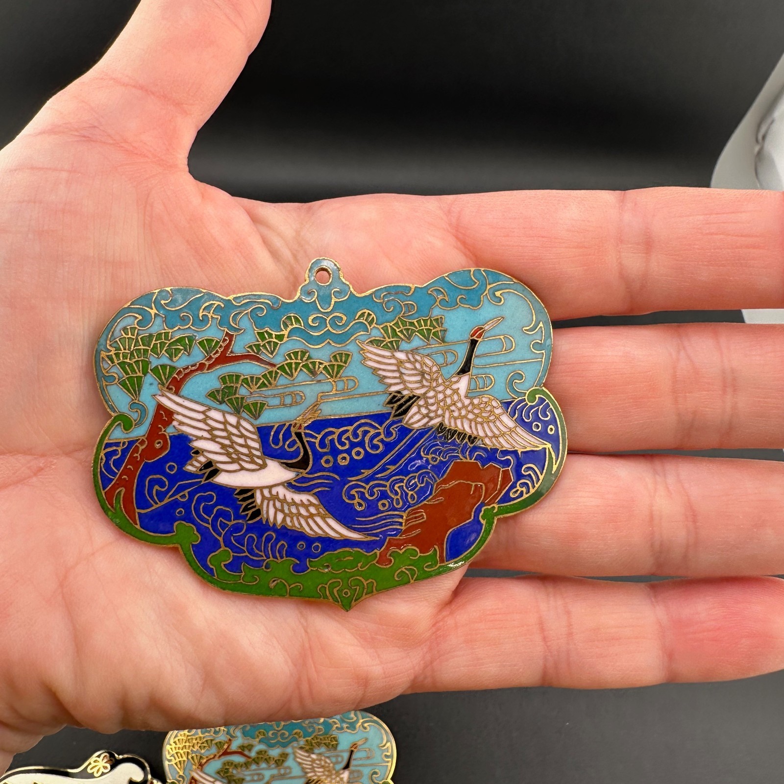 Vintage Cloisonne Enamel Pendant Lot LG Heavy Medallions Puffy Peacock WWII 71st