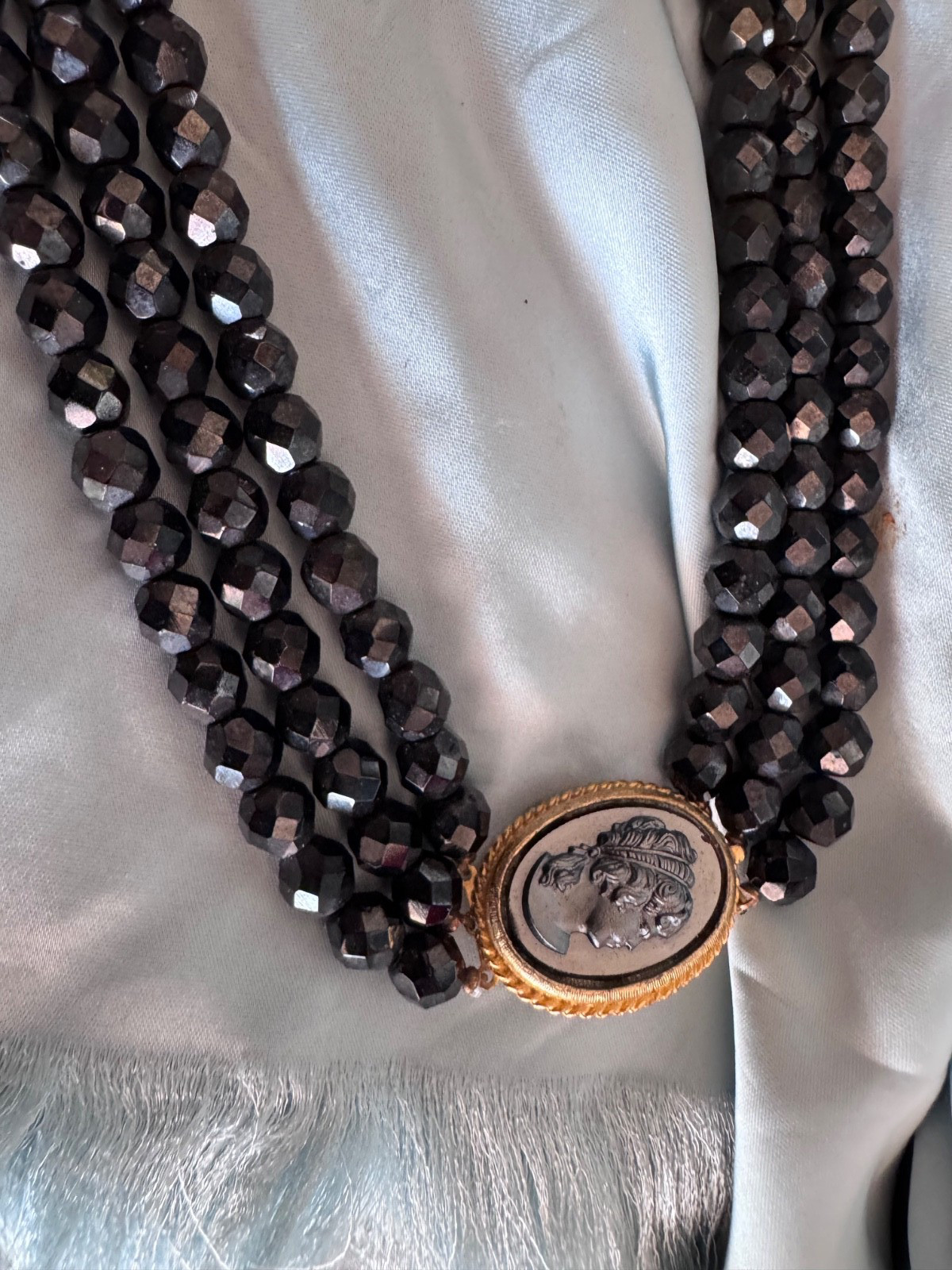 Vintage Necklace THREE STRAND FACETED CRYSTAL BEADS AND HEMATITE OVAL CAMEO 22″