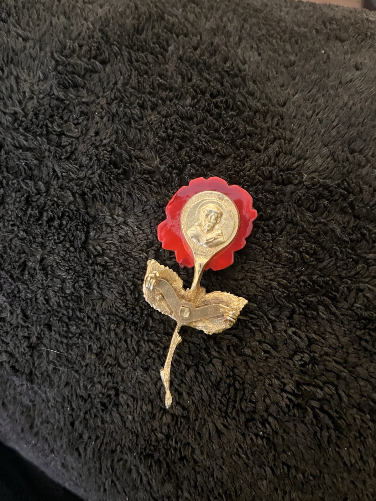Vintage Estate Goldtone & Red Rose Stem Design Brooch with a face on the back