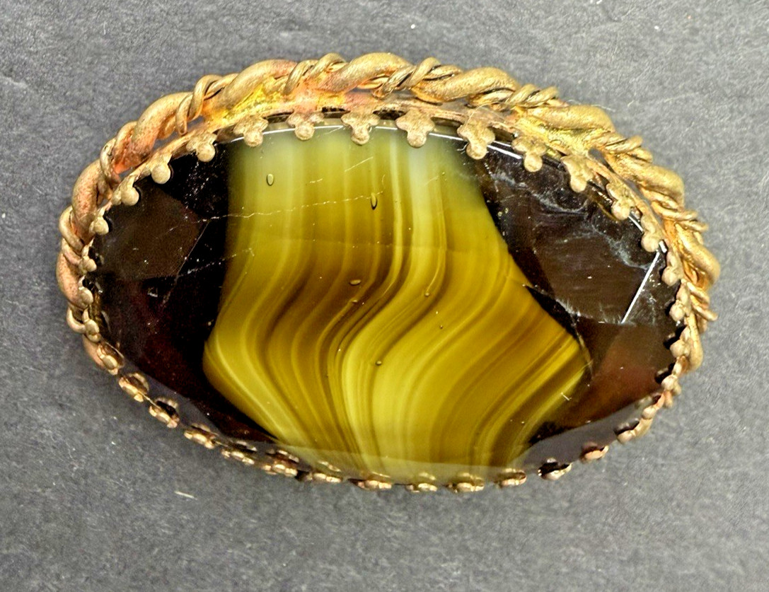Signed WEST GERMANY Art Glass GREEN SLAG GLASS CABOCHON PIN VTG