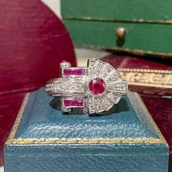 Art Deco Round Cut Lab Created Diamond Engagement 14K White Gold Finish Ring