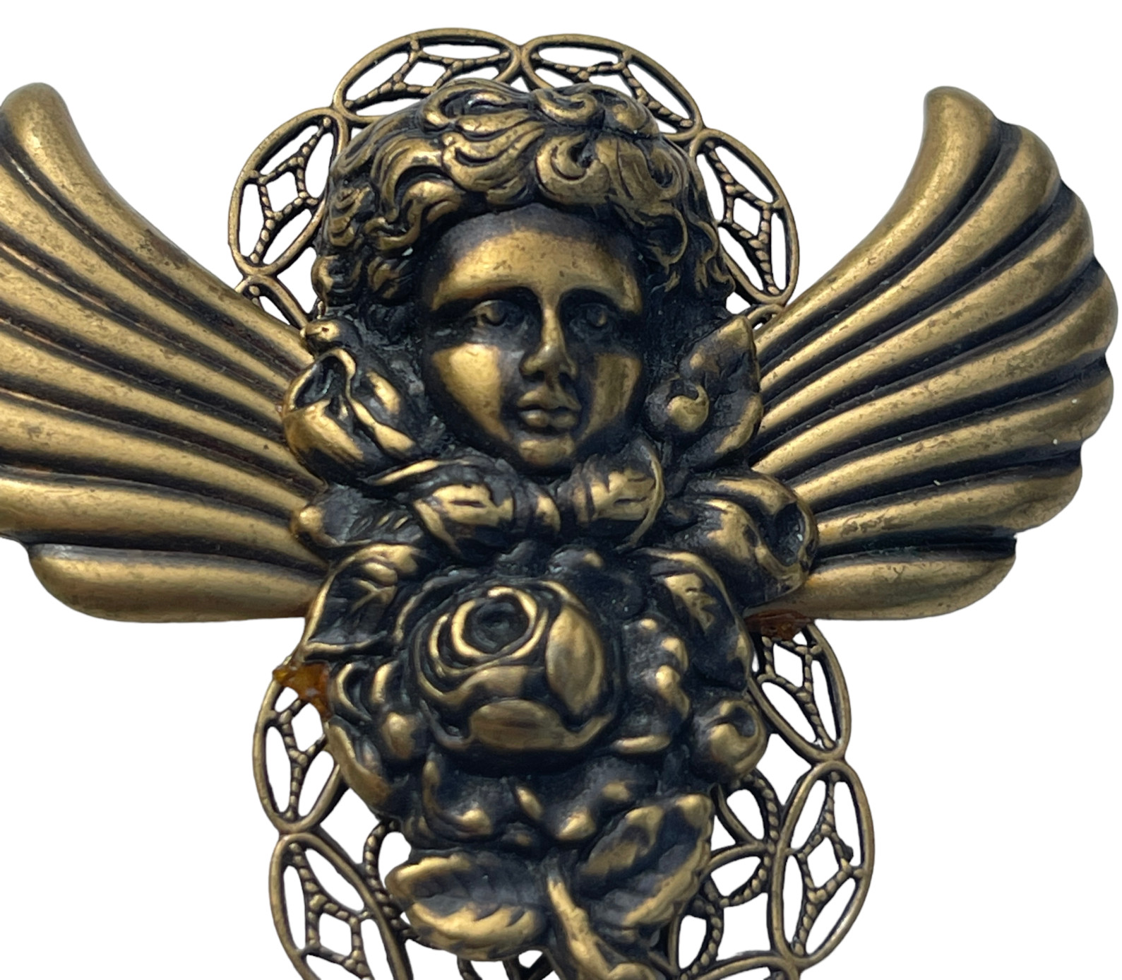 VTG Christmas Angel Brooch Rose Filigree Wings Cabochon Antique Gold Tone Pin