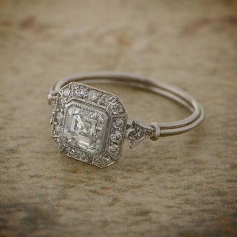 Vintage Art Deco Style Lab Created Diamond Edwardian Engagement 925 Silver Ring