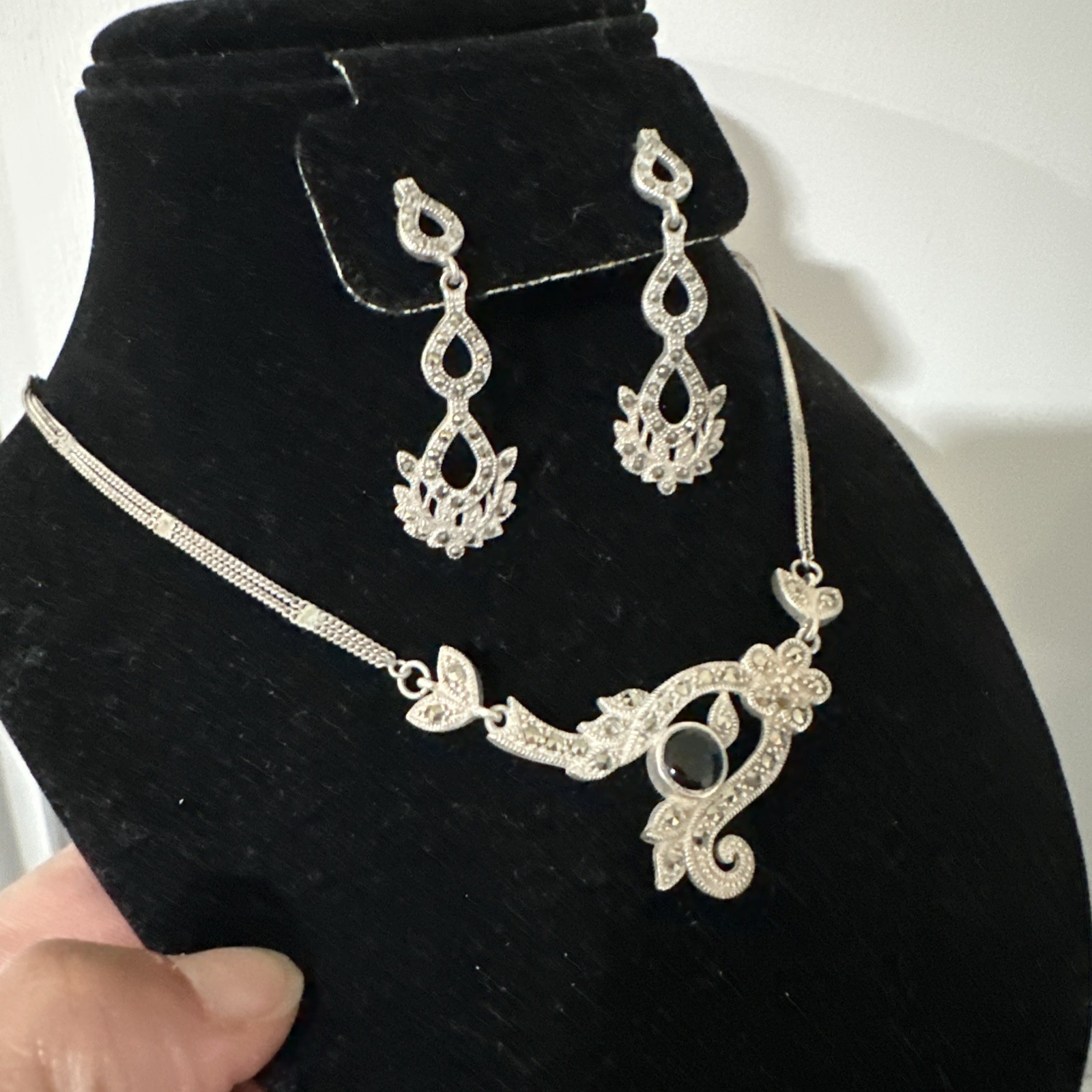 Antique Vintage 925 Sterling Silver Necklace and Earrings set. Statement