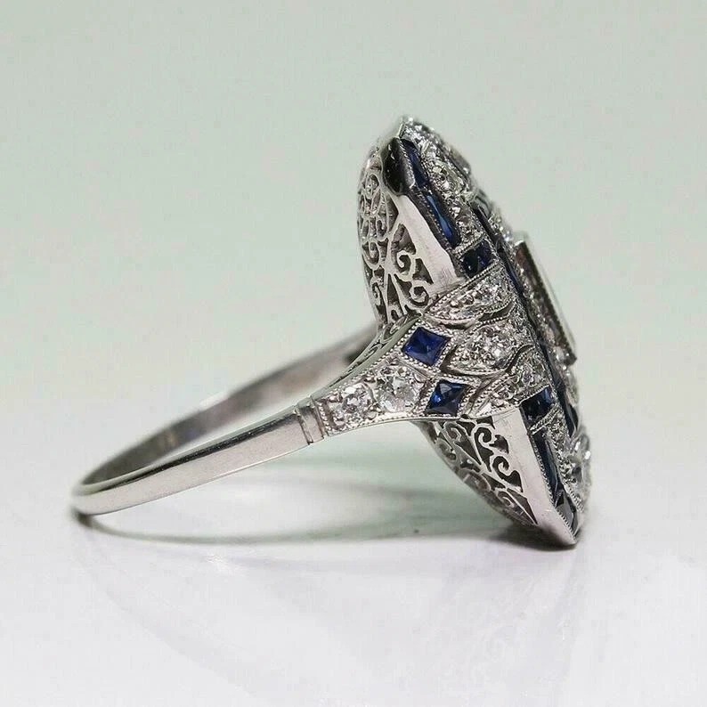 Art Deco Vintage Style Lab Created Diamond Engagement 14K White Gold Finish Ring