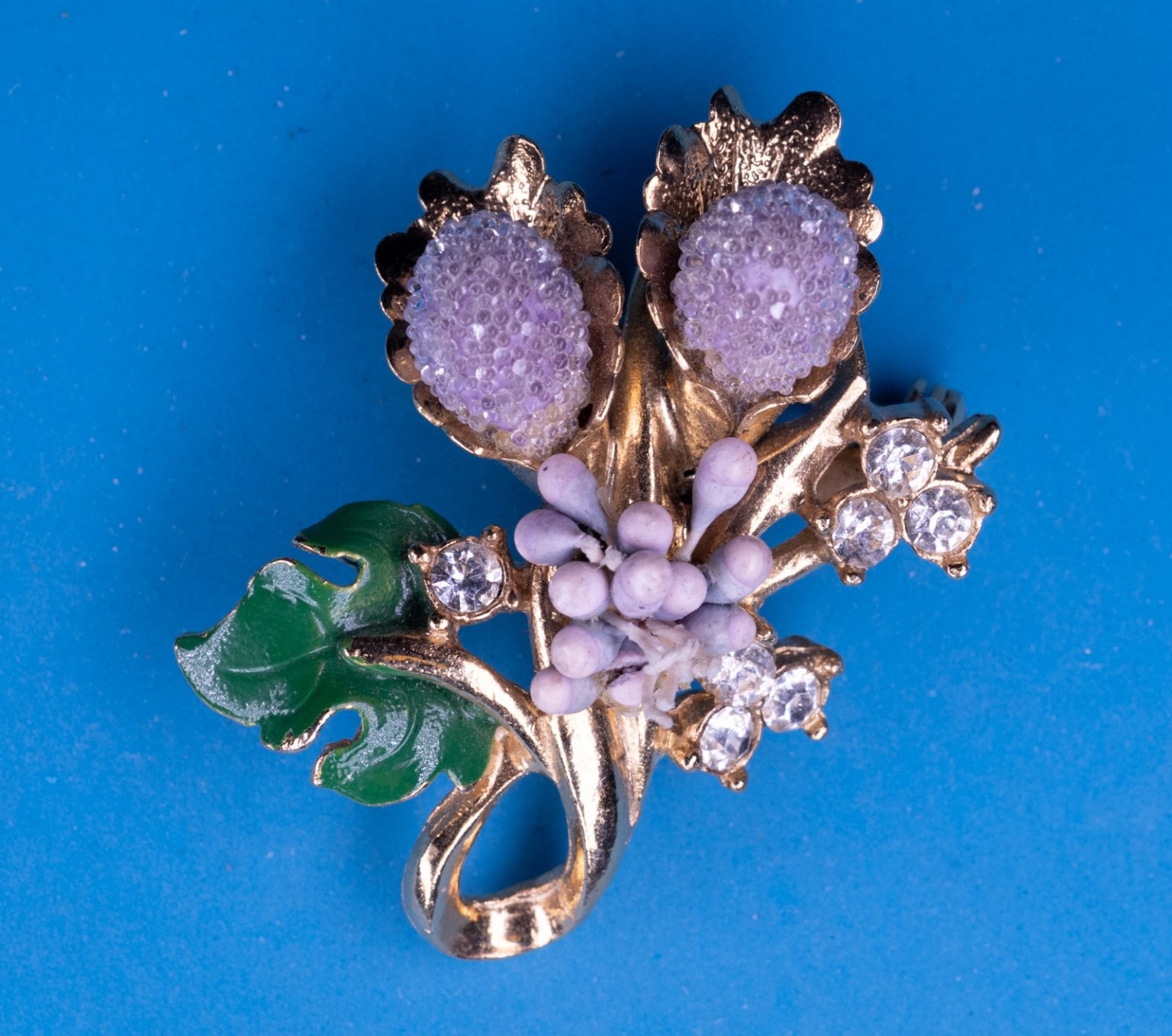 Florenza Floral Cluster Brooch Gold Tone 1.75″ Enamel Rhinestone Vintage Pin
