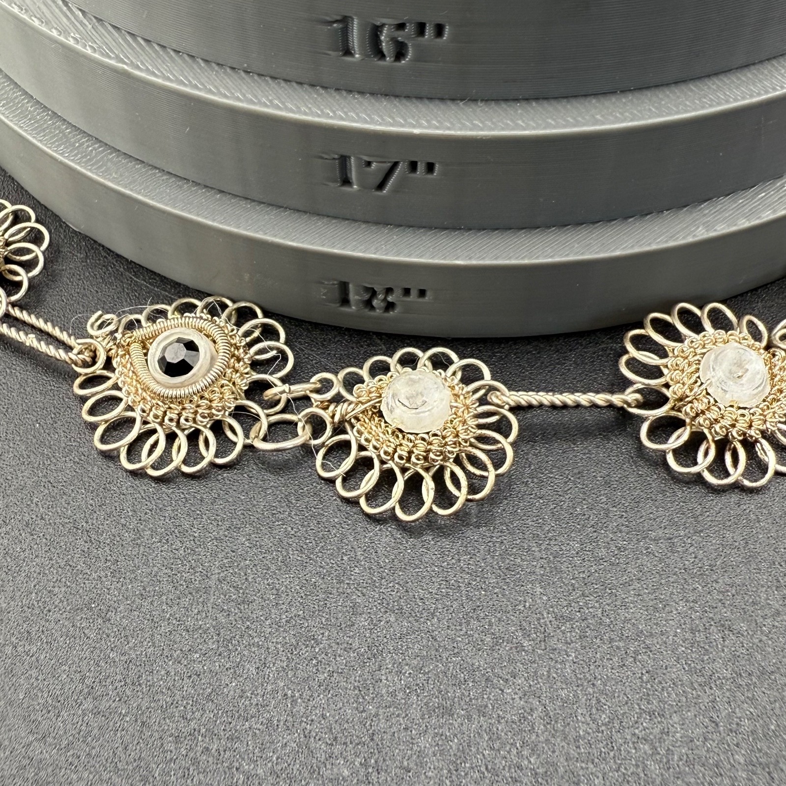 Vintage Filigree Necklace Bracelet Earrings Open Work Rhinestones 7” 19”