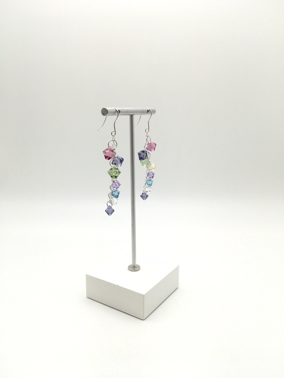 Vintage Sterling Silver Rainbow Beaded Cha Cha Hook Dangle Earrings 925 7g #96