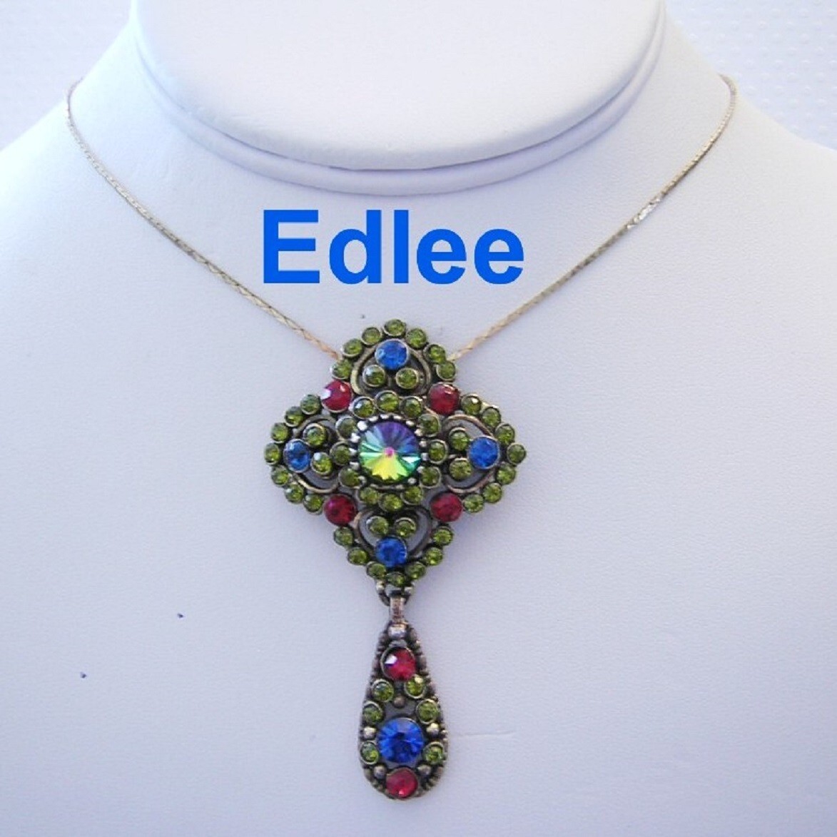 1950’s EDLEE Fab RIVOLI, Olivine, Egyptian Blue & RED Rhinestones Dangling PIN