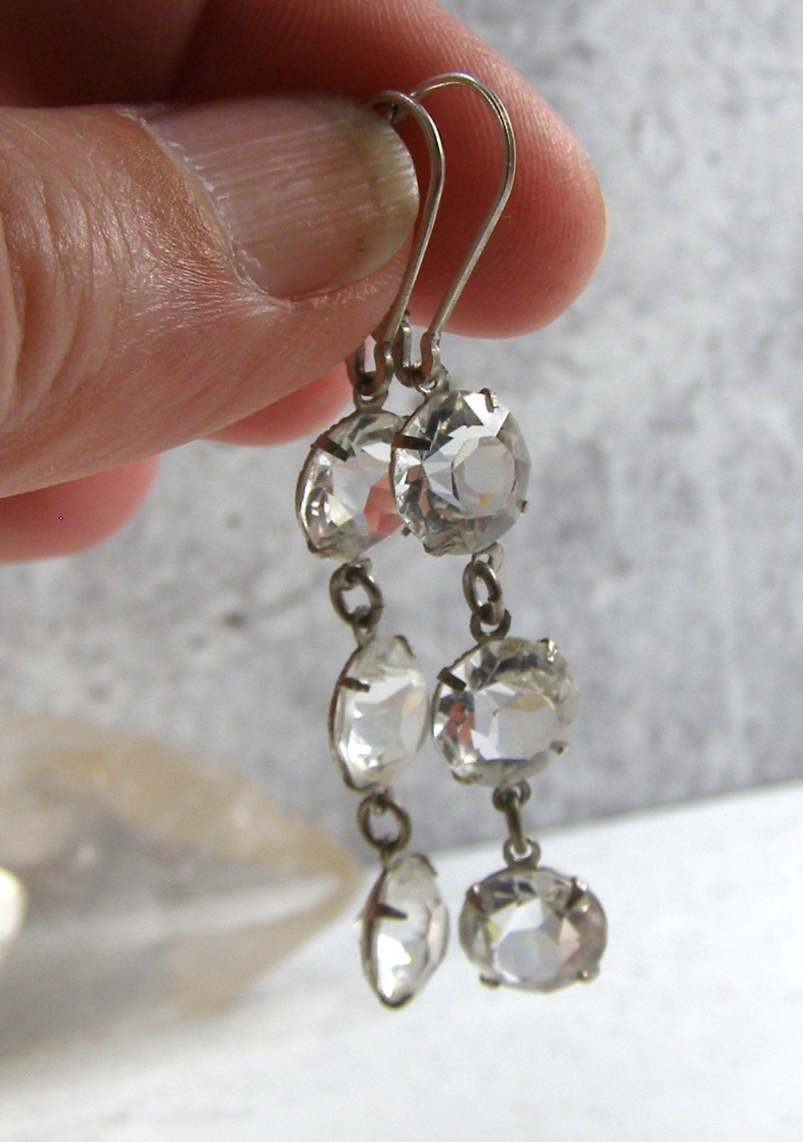 Vintage Sterling Silver Open Back Bezel Clear Crystal Dangle Linear Earrings