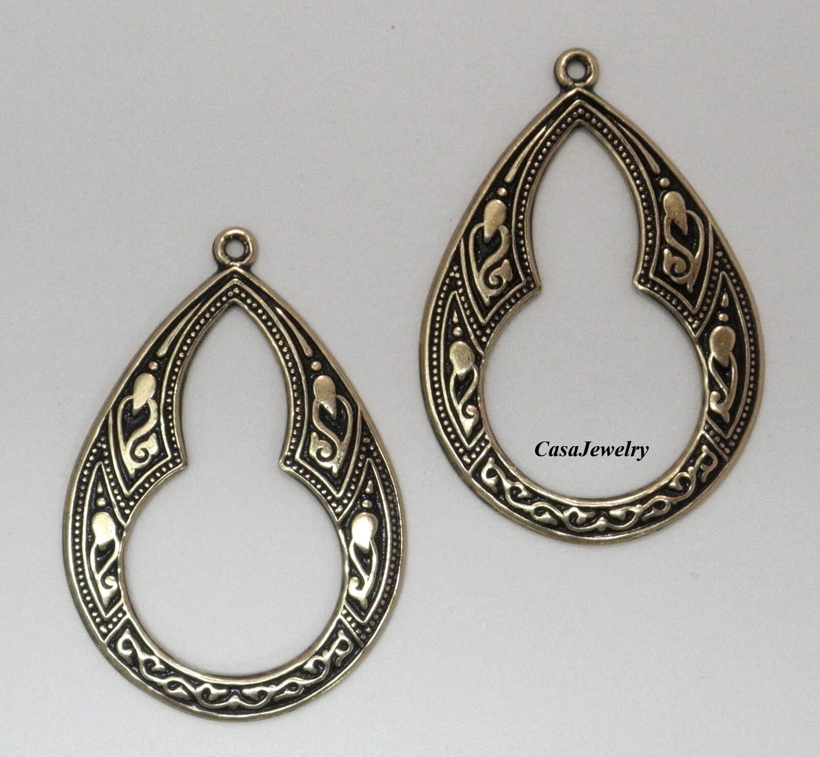 #0034 ANTIQUED GOLD OPEN TEARDROP W/TOP HANG RING – 2 Pc Lot