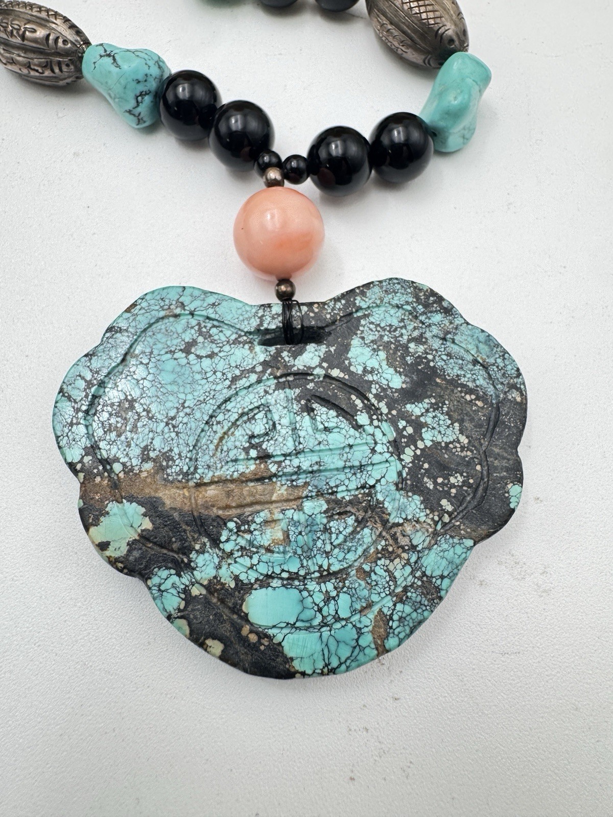 Large Chinese Longevity Pendant Necklace Coral Onyx Double Happiness 144g