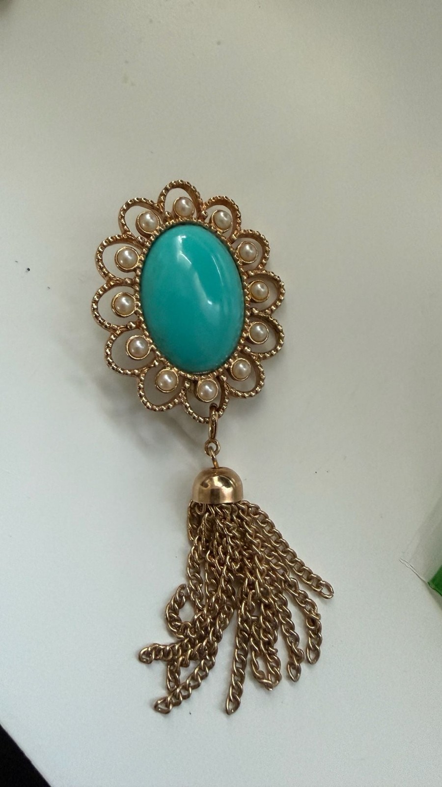 Vintage Sarah Coventry Turquoise Cabochon and Faux Pearl Tassel Brooch