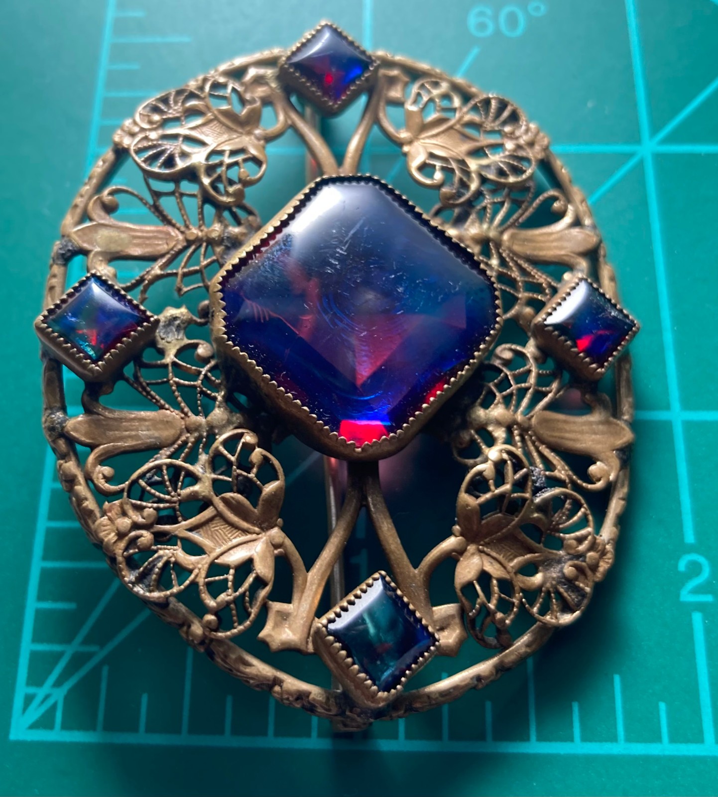 Large Antique Czech Art Deco Red Blue Dragons Breath Art Glass Brass Brooch Pin