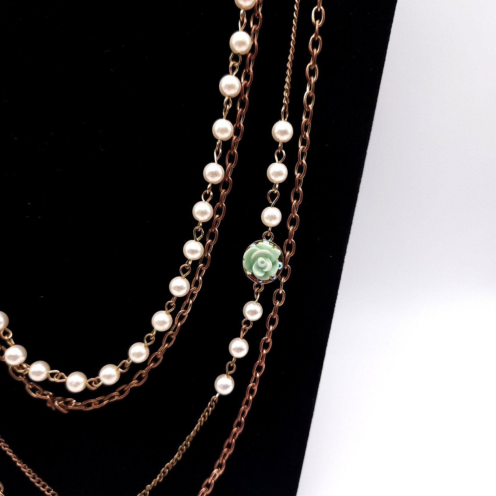 Multi Strand Pearl Necklace Rose Gold Floral Statement Necklace Vintage 25in