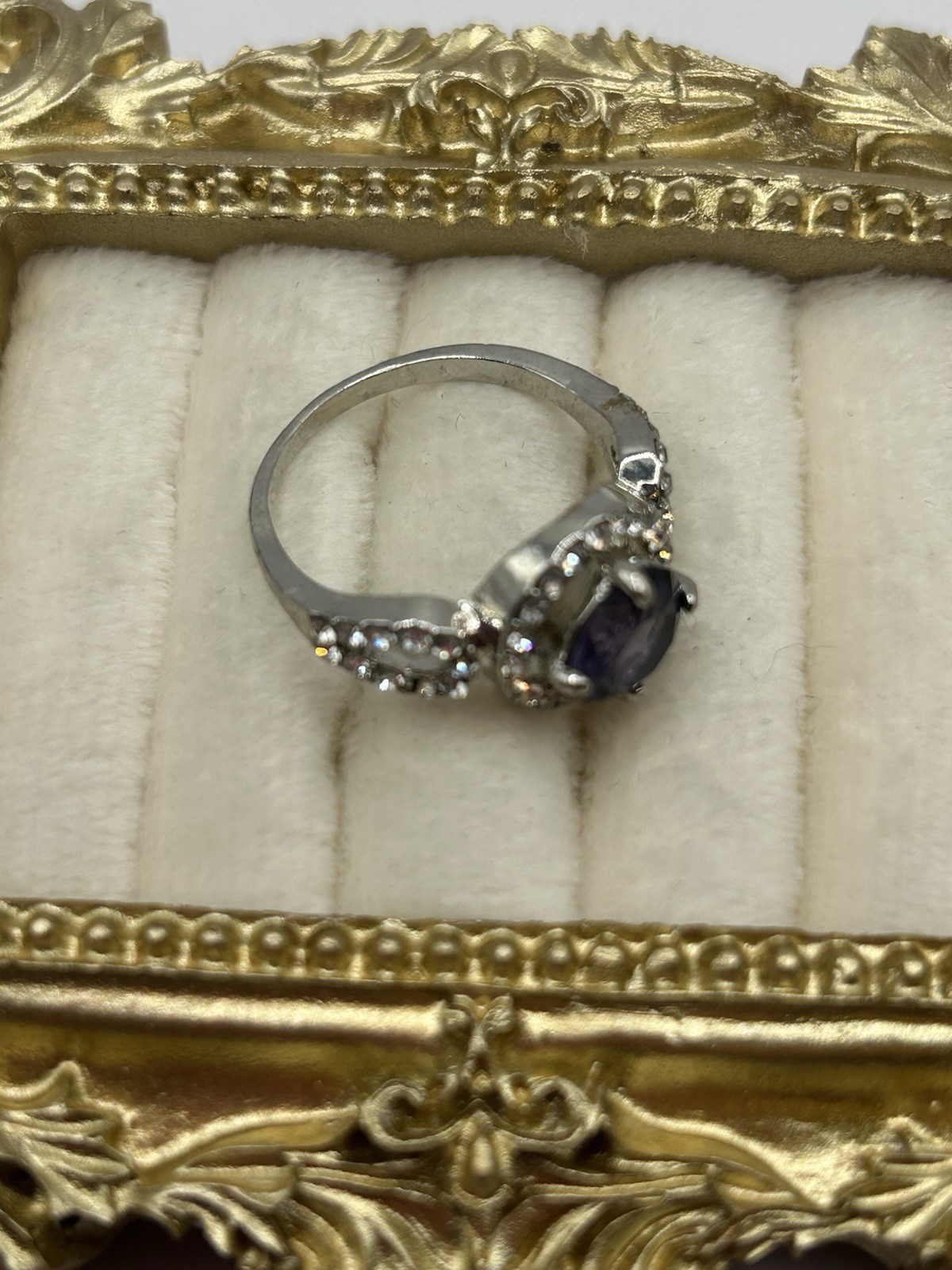 Silver Tone Purple Amethyst Halo Statement Ring Size 8.5 Vintage Costume Jewelry
