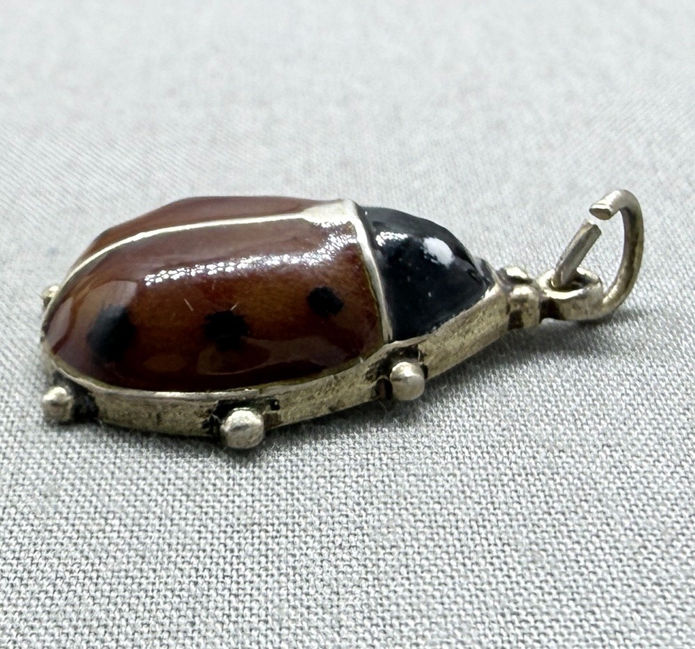 Vintage Sterling Silver Enamel Ladybug Charm Good Luck Gilt Scandinavian Style