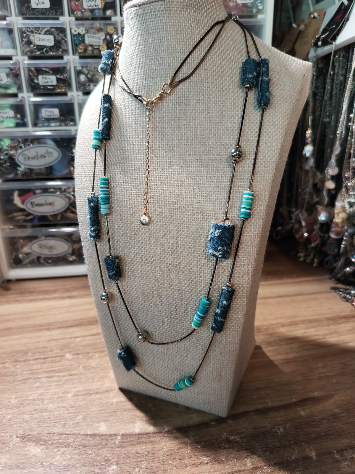 C1946 Vintage Mixed Media Artisanal – Denim & Beads – Bohemian – South Western –