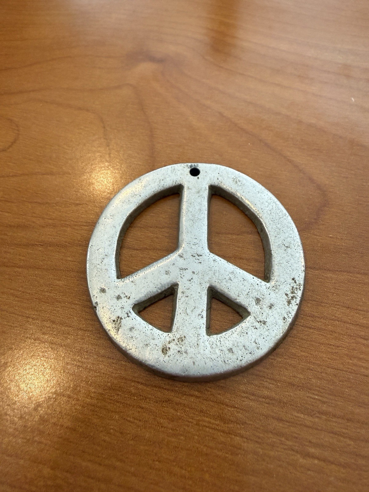 Vintage 1960s Cast Aluminum Peace Sign Pendant 2″ Hippie