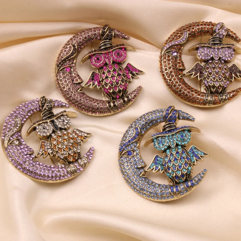 Retro Moon Rhinestone Crystal Owl Brooch Collectible Pin Accessory for Women