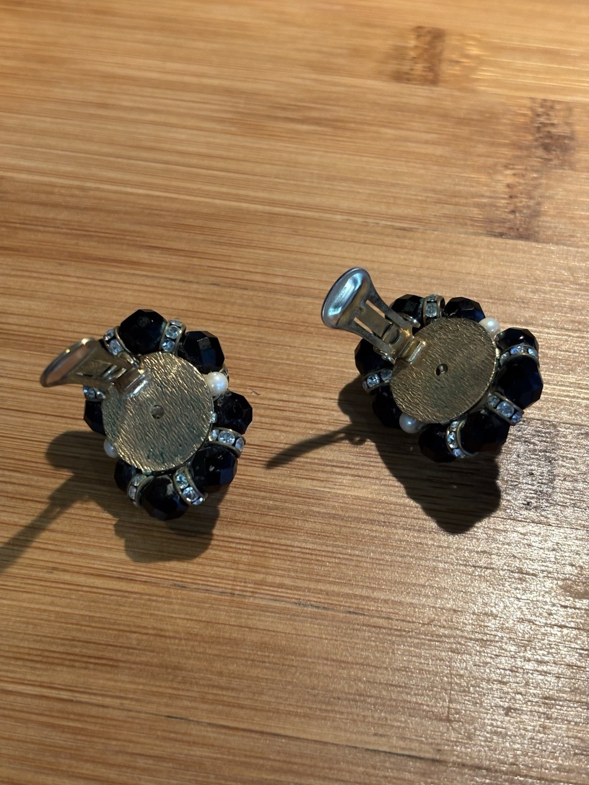 Vintage Muti- Faceted Black Cluster Bead Faux Pearl Earrings with Rhinestones