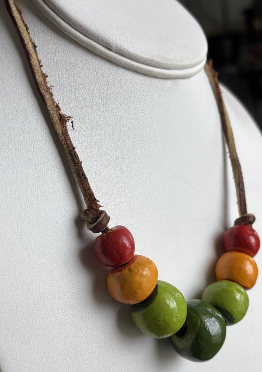 18″ Hand Painted Wood Bead On Brown Leather Necklace Boho Hippie Peace Love OOAK