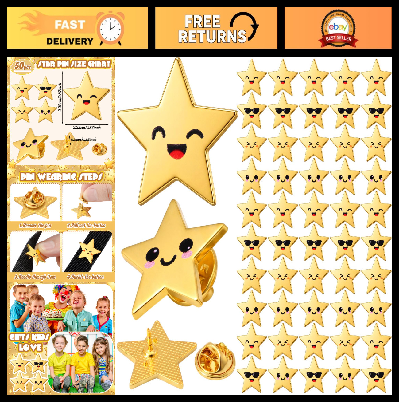 Bulk Gold Star Pins – 25/50/100/150/300 Pcs Metal Motivational Brooches for 4th