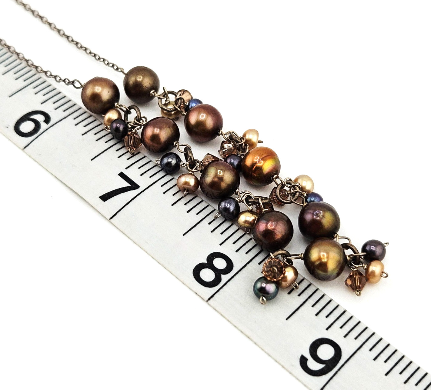🌸 Vintage Sterling Silver Baroque Pearl Cluster Necklace – Brown/Gold/Black Pea