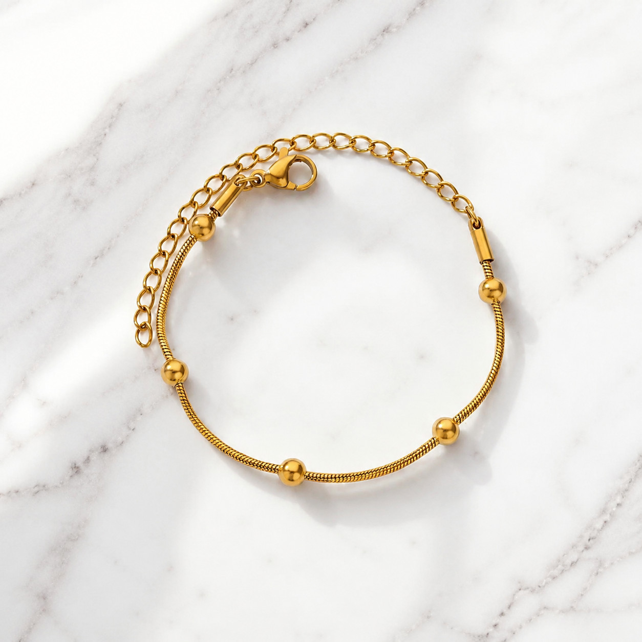 Women Gold Tone Snake Chain Bracelet with Ball Beads Stainless Steel Adjustable