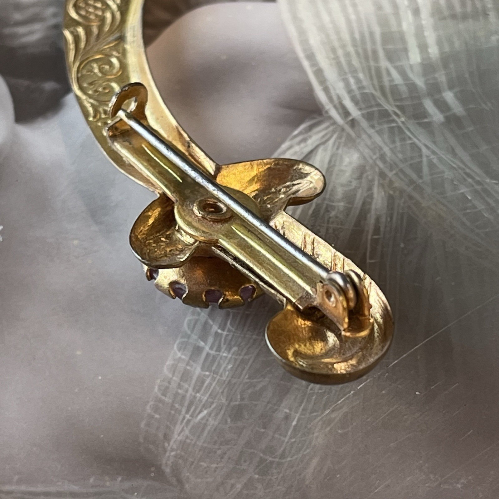 Antique Victorian Crescent Bar Brooch – Gold Plate – Lavender Paste – C-Clasp