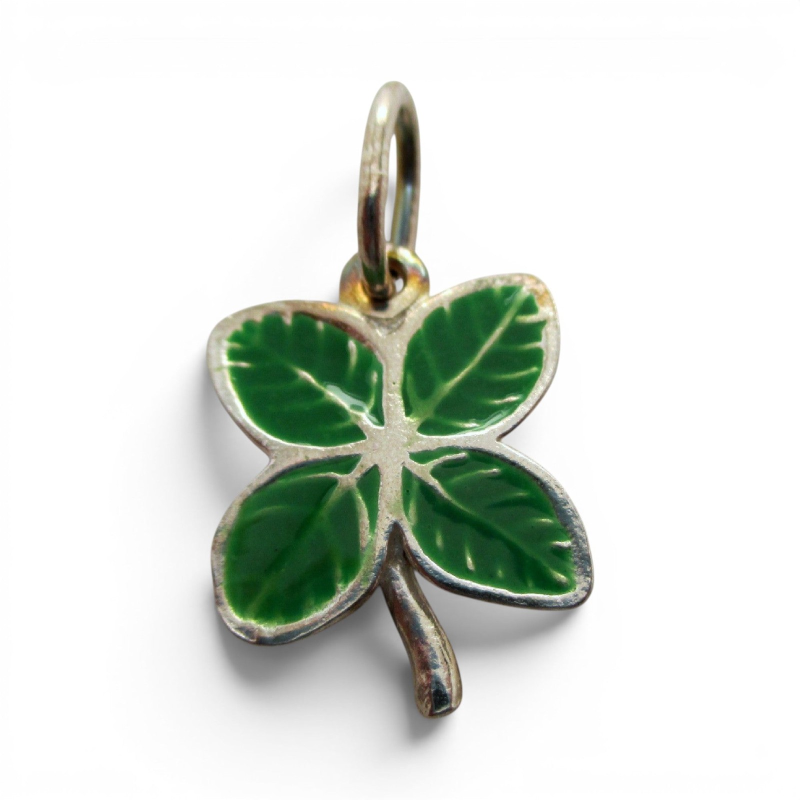 Sterling Silver Green Enamel Four Leaf Clover Charm for Bracelet Good Luck Gift