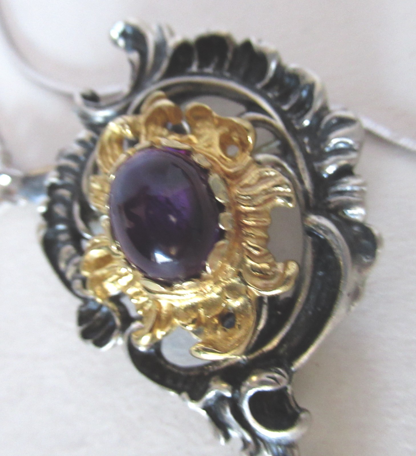 VINTAGE EUROPE 835 STERLING & GOLD PENDANT NECKLACE 2.10 INCHES AMETHYST & PEARL