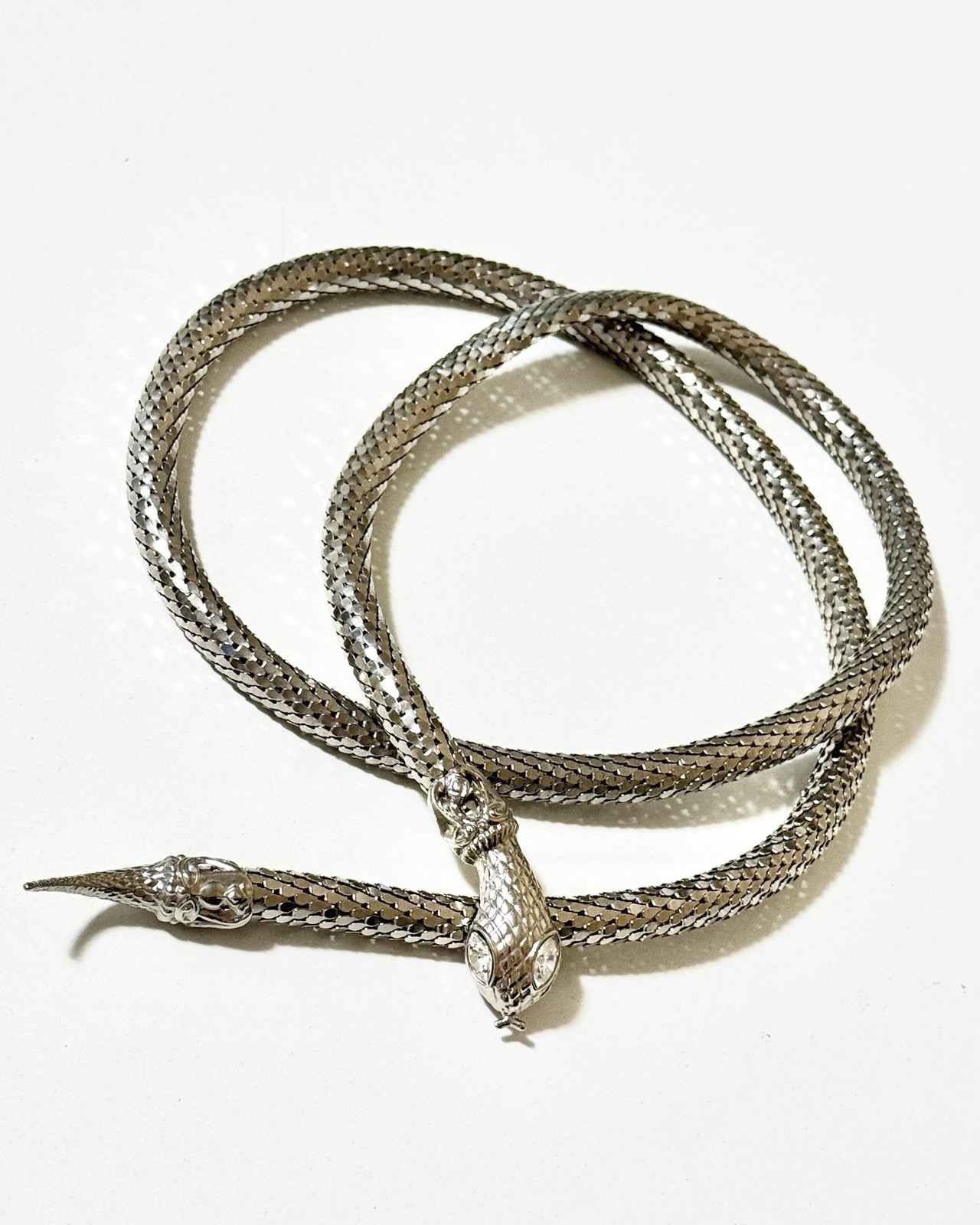 Vintage Silver Gunmetal Mesh Snake Belt Necklace Lariat Choker Crystal Eyes 40”