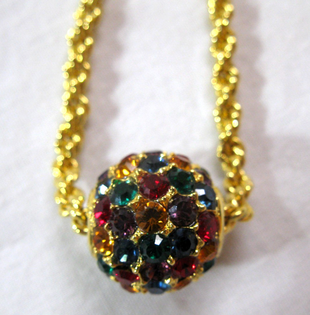 Joan Rivers Multicolor Crystal Rhinestone Sliding Disco Ball Necklace 25.5” VTG