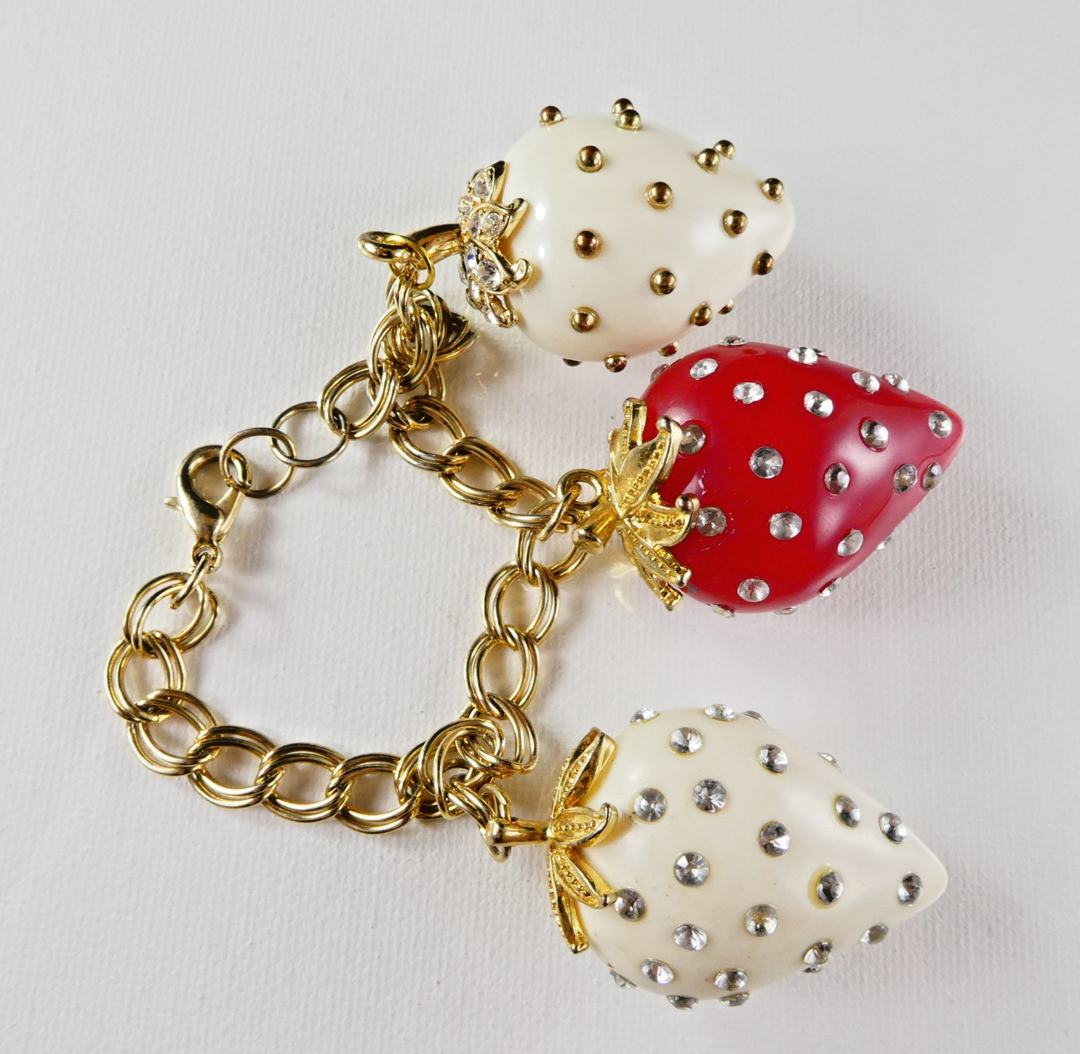 Vintage Strawberry Charm Bracelet 3 Large Charms Red White Gold Tone Double Link