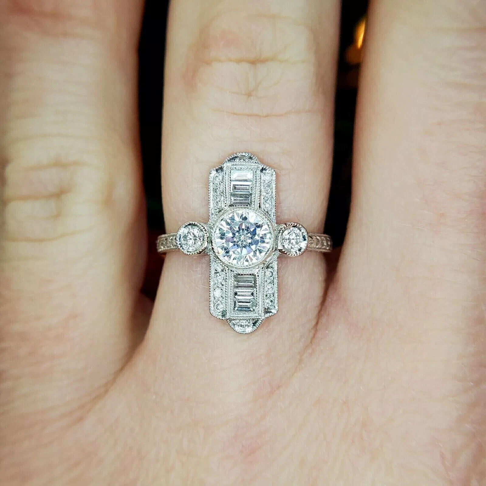 14K White Gold FN Round Cut Art Deco Style Lab-Created Diamond Wedding Ring