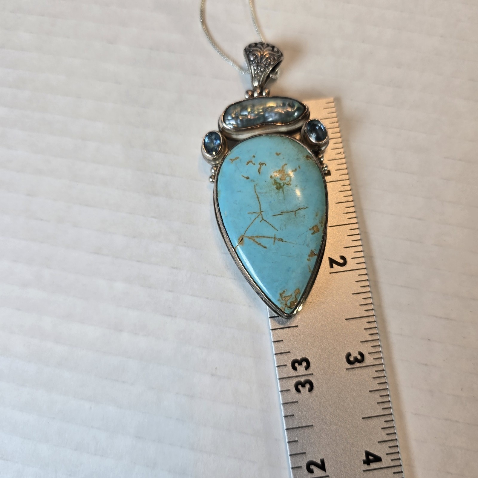 Vintage 925 Sterling Silver Pendant Signed AF Design Turquoise, Blister Pearl