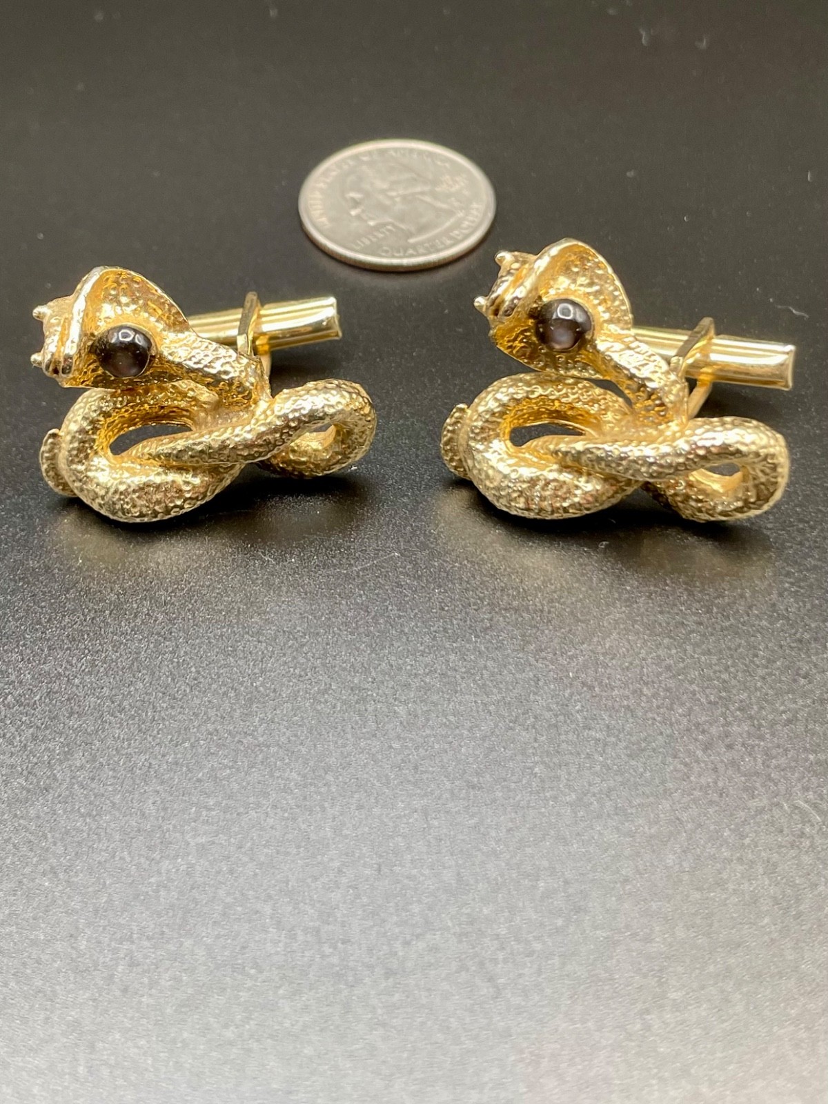 Vintage Textured Cobra Snake Coiled Serpent Black Stone Cufflinks