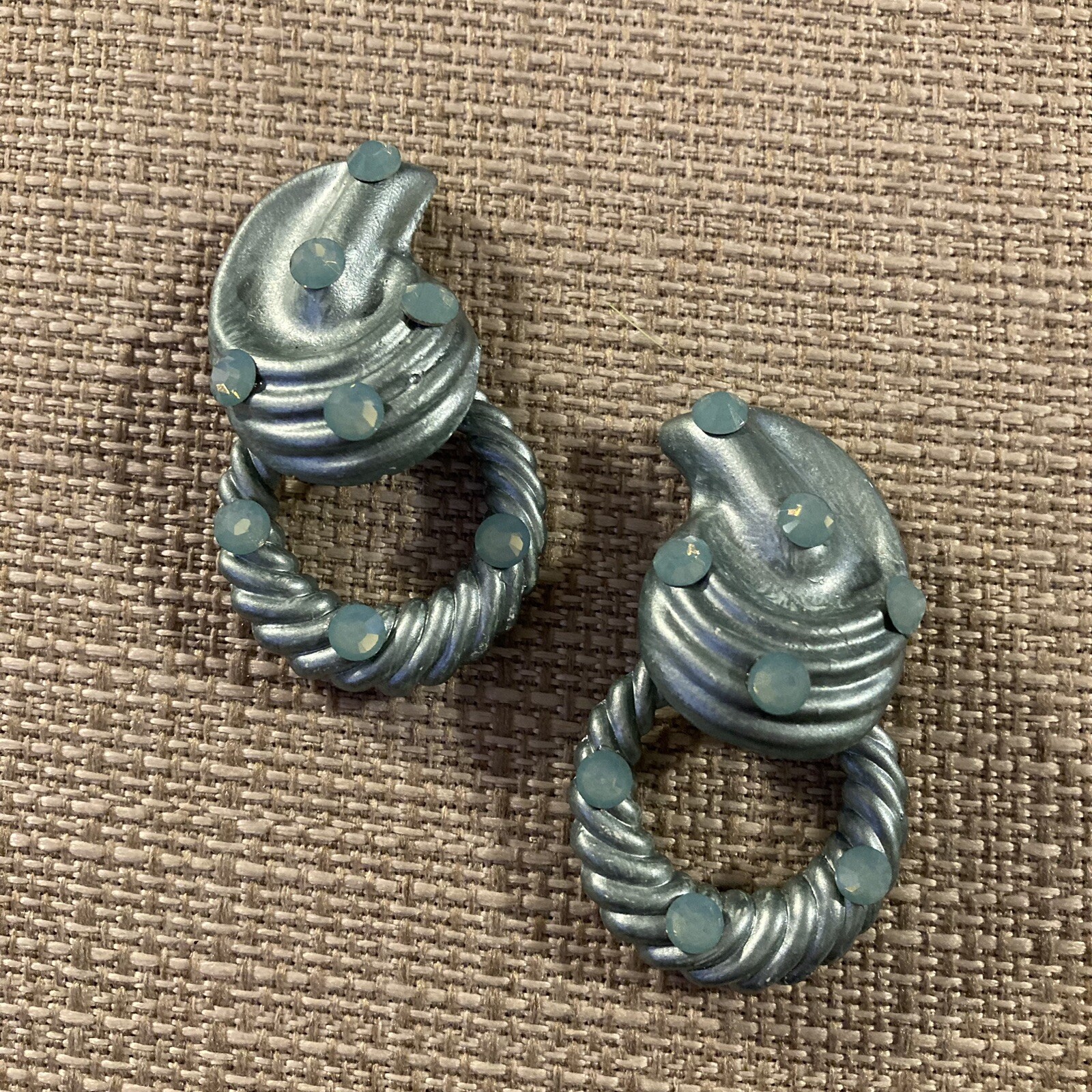 VTG Jeff Lieb Signed Door Knocker Clip Earrings Blue Rhinestone Designer Runway