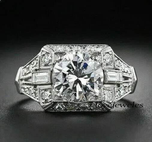 3CT Round Cut Real Moissanite 14K White Gold FN Vintage Art Deco Engagement Ring