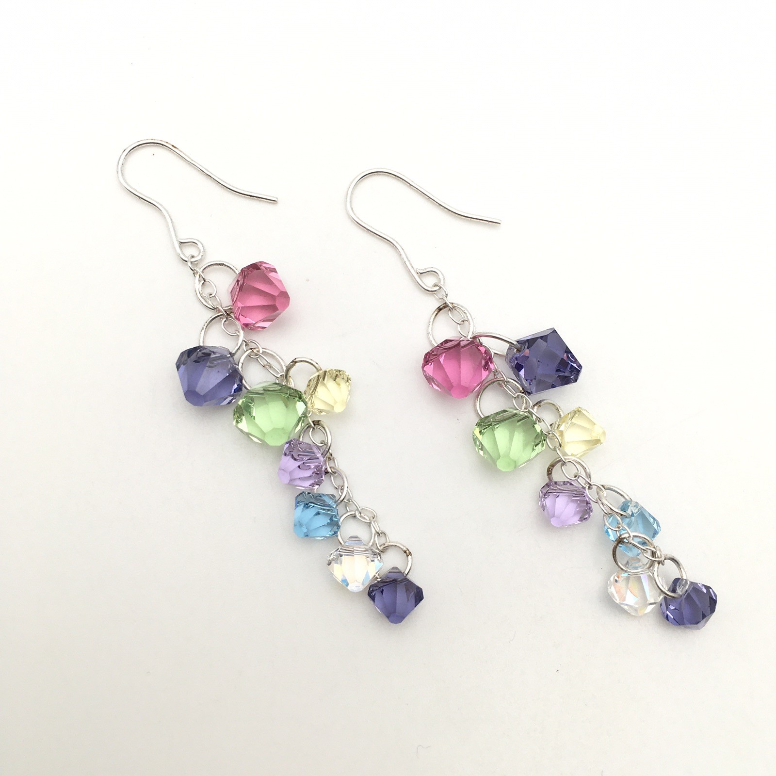 Vintage Sterling Silver Rainbow Beaded Cha Cha Hook Dangle Earrings 925 7g #96