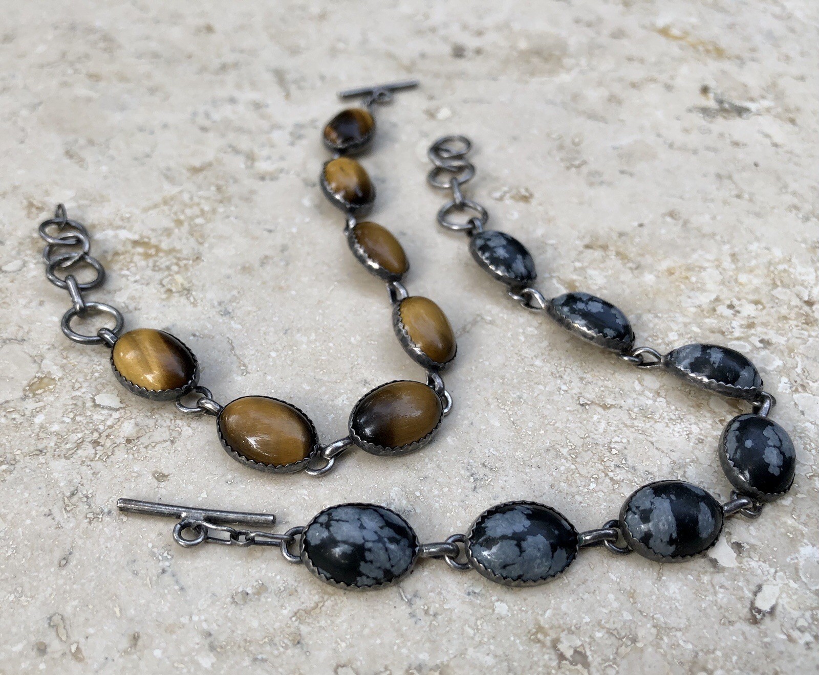 🐯🖤 ✨VINTAGE STERLING SILVER TIGER’S EYE OBSIDIAN Toggle Bracelet Set LOT ✨🖤🐯